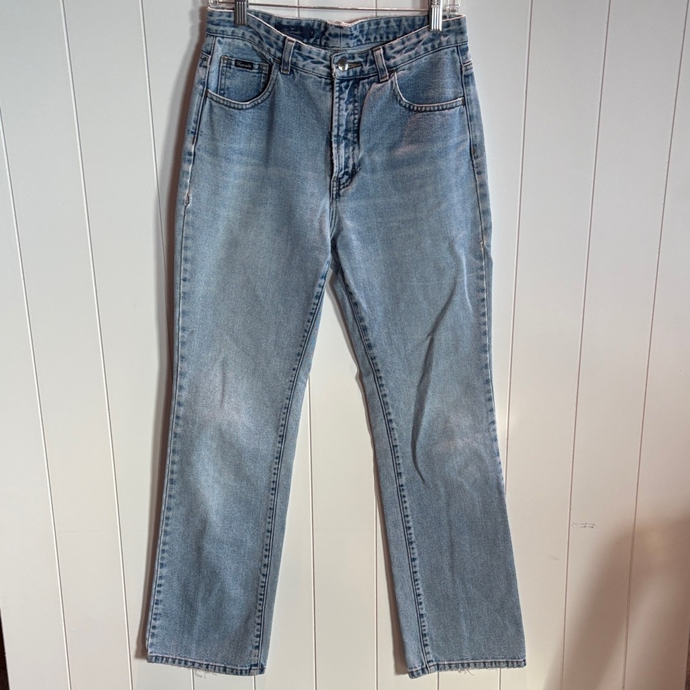 Faconnable women’s wide leg light wash denim worn in look 6